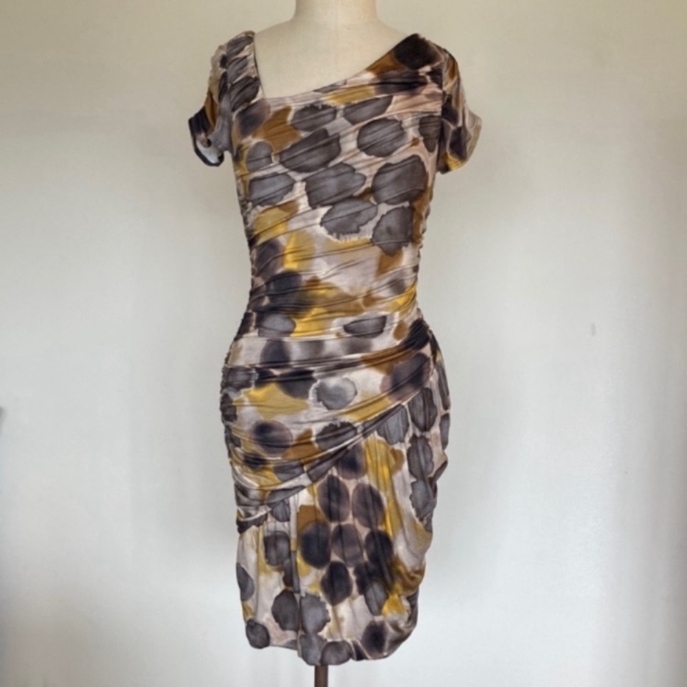 Weston Wear asymmetrical ruched dress, rayon knit print, S